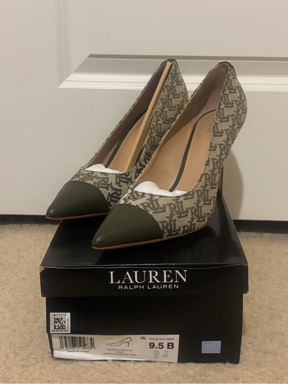 Lauren Ralph Lauren Olive Green Monogram Pointed Toe Pumps